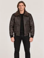 Men's Black Coffee Fur Collar Flight Leather Jacket