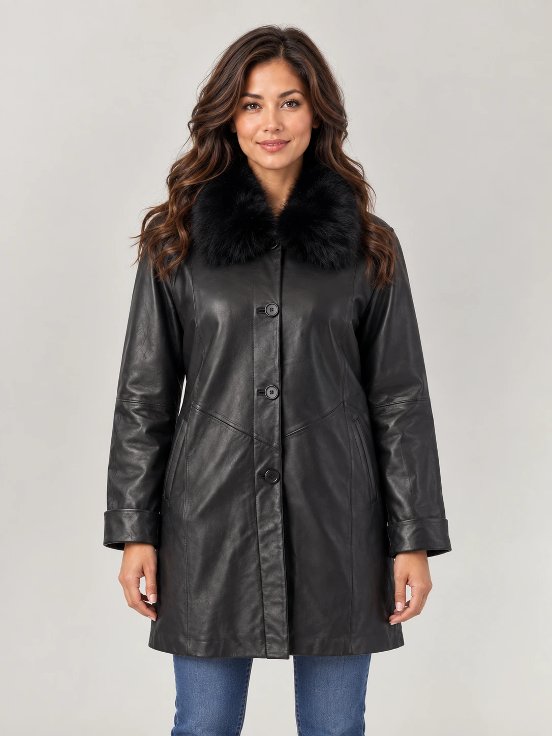 Women's Swing Leather Coat with Real Fox Fur Collar