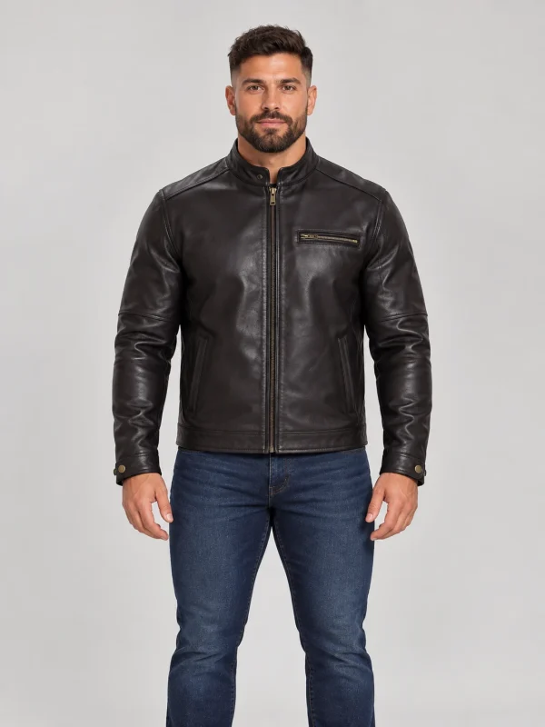 Men's Stand UP Collar Genuine Leather Jacket