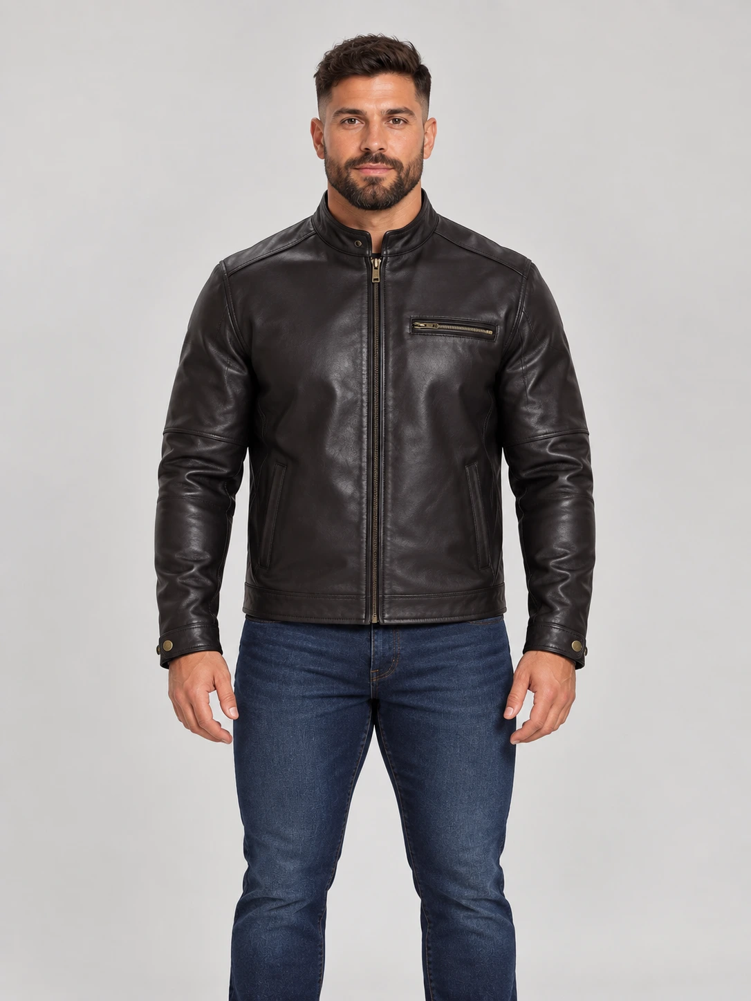 Men's Stand UP Collar Genuine Leather Jacket