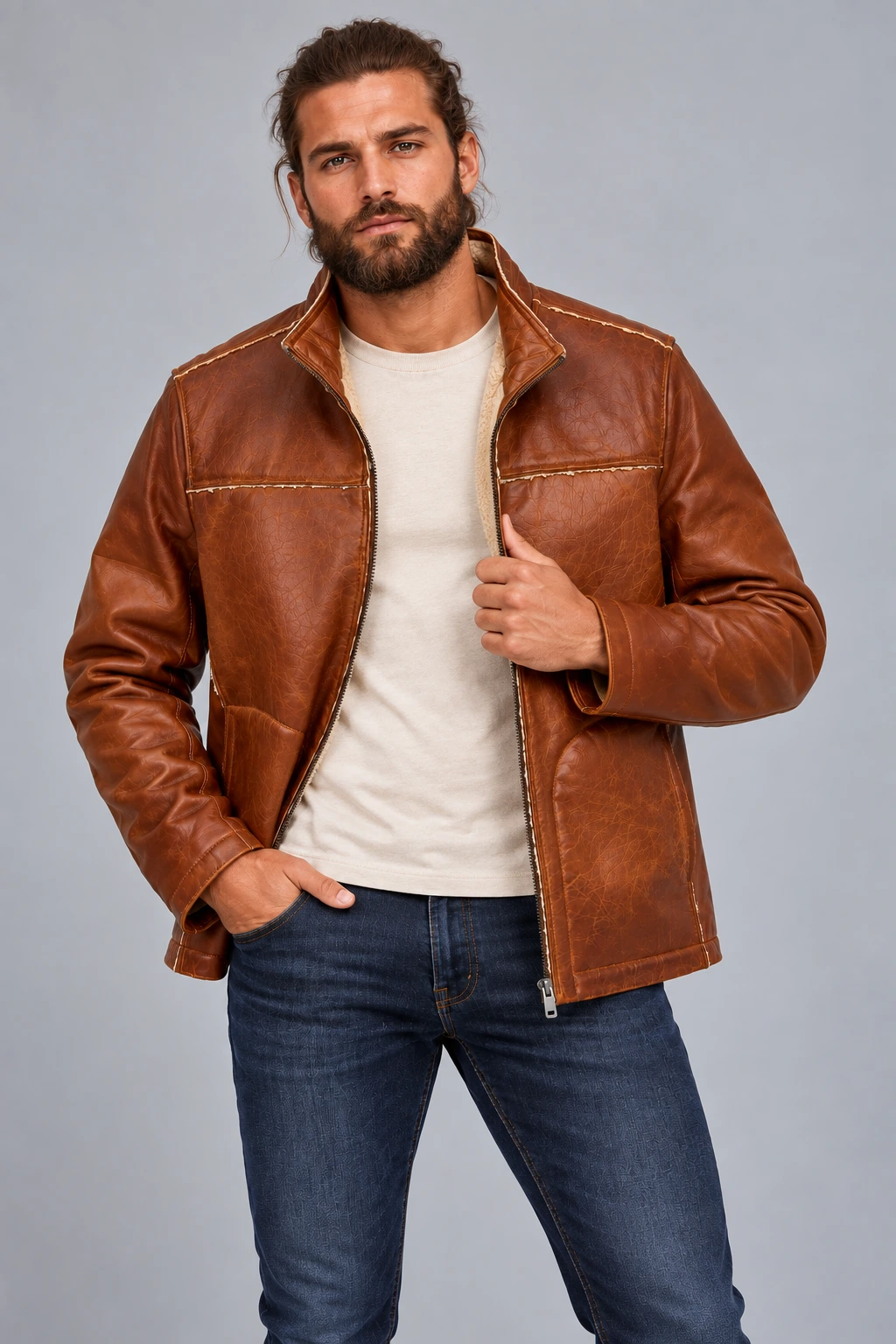 Men's Funnel Collar Leather jacket