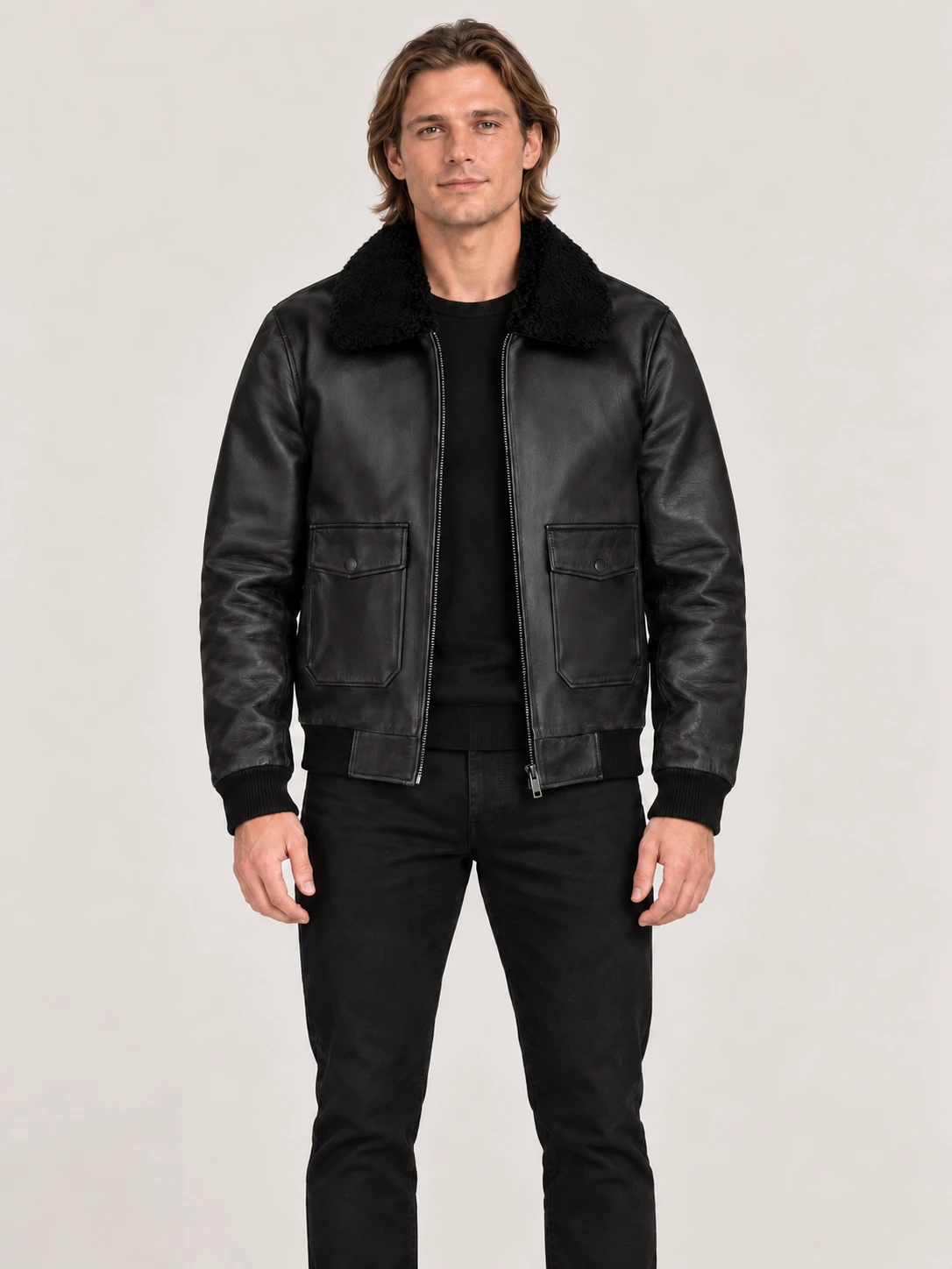 Men's Black Fur Collar Flight Leather Jacket