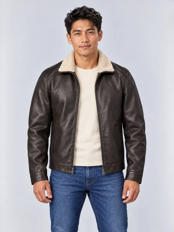 Men's Sheep Skin Leather Bomber Jacket with Shearling Collar