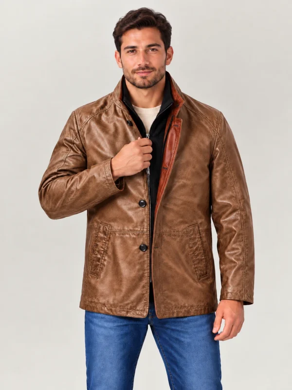 Men's Sandstone Washed Car Coat with Contrast Placket