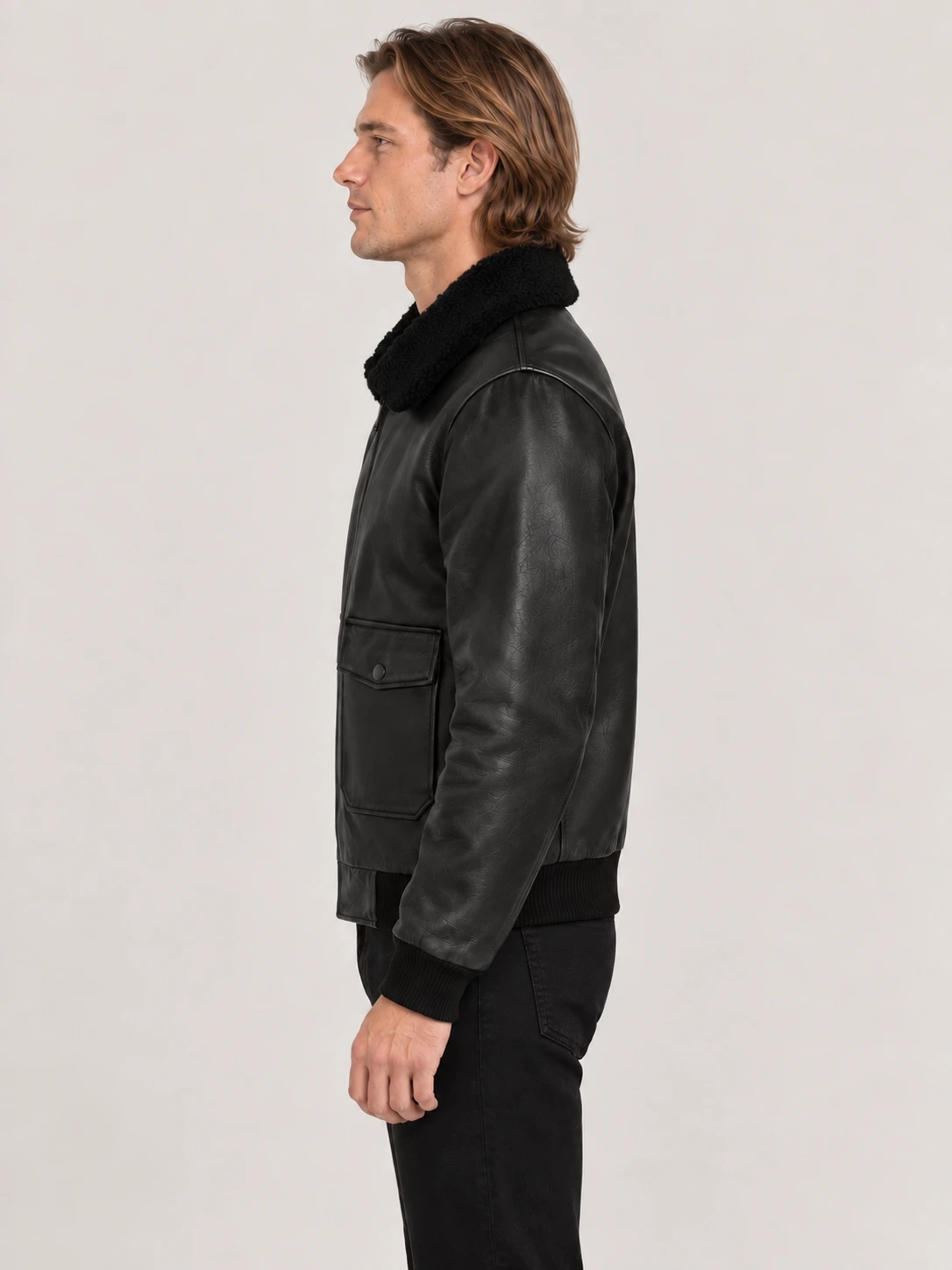 Men's Black Fur Collar Flight Leather Jacket