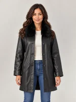 Women's Swing Leather Coat with Real Fox Fur Collar