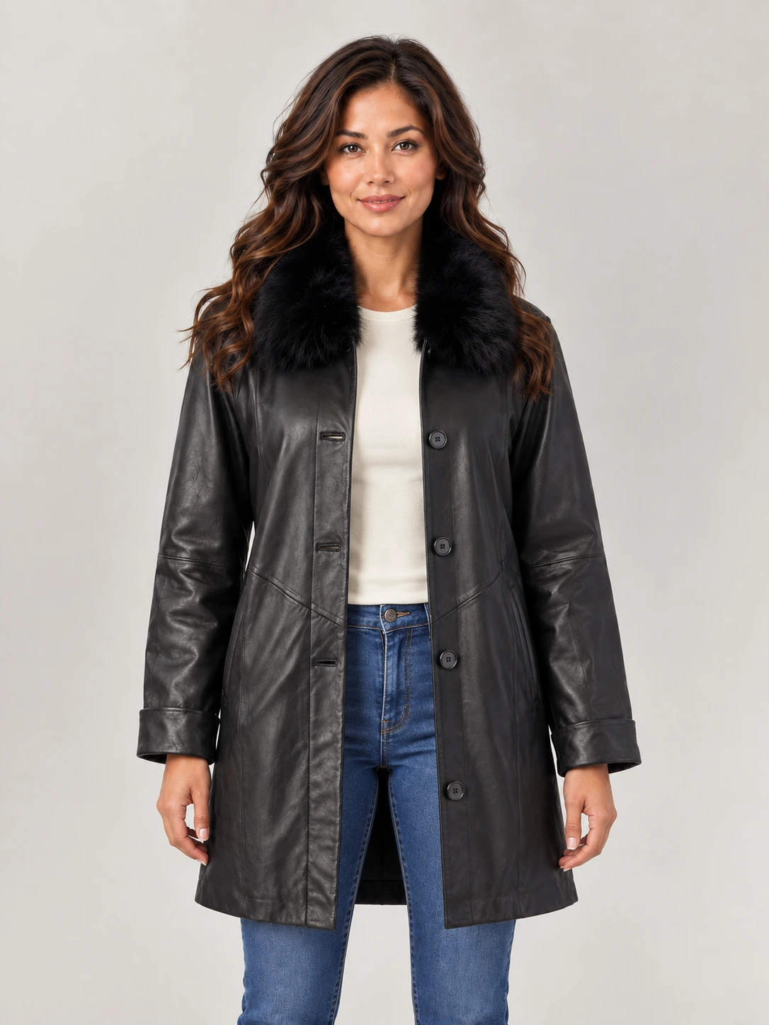 Women's Swing Leather Coat with Real Fox Fur Collar