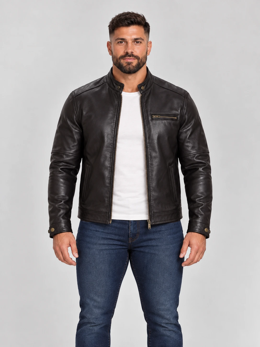 Men's Stand UP Collar Genuine Leather Jacket