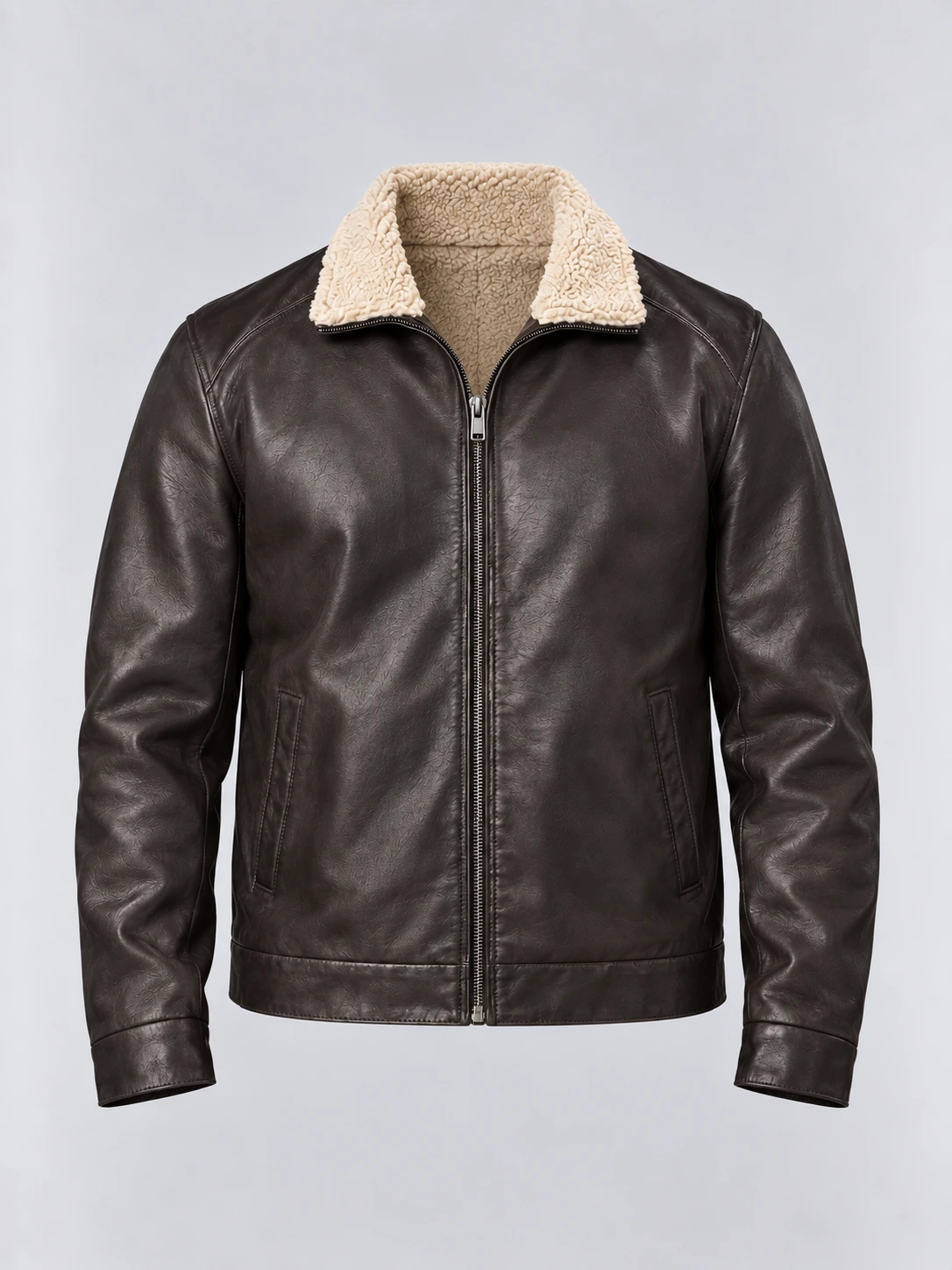 Men's Sheep Skin Leather Bomber Jacket with Shearling Collar