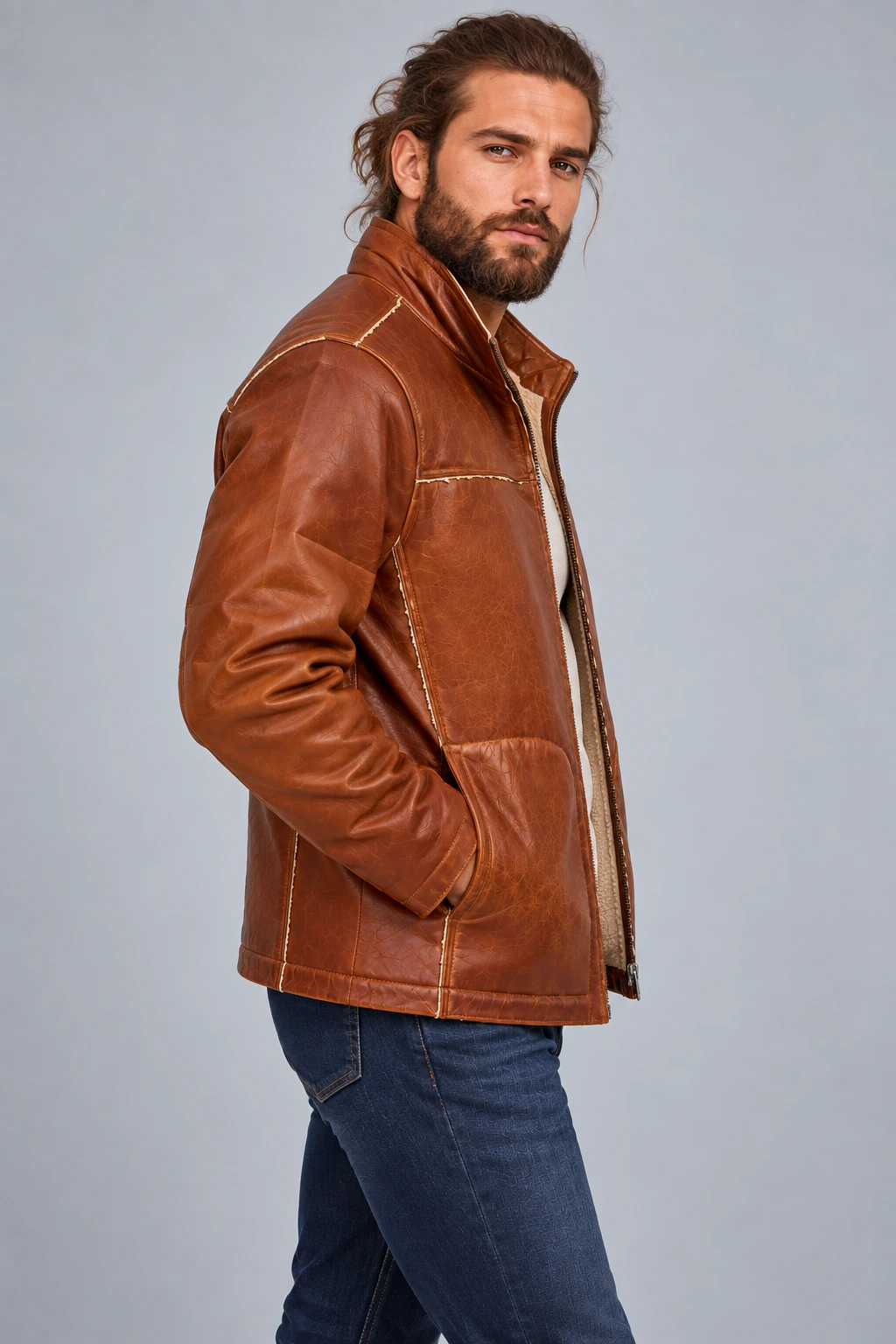 Men's Funnel Collar Leather jacket