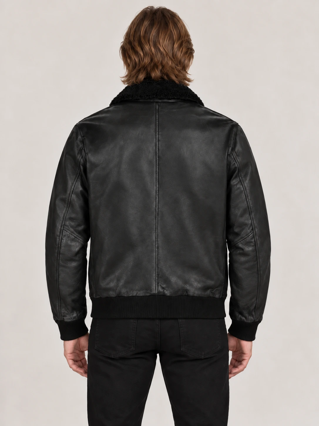 Men's Black Fur Collar Flight Leather Jacket