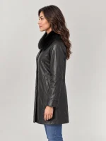 Women's Swing Leather Coat with Real Fox Fur Collar