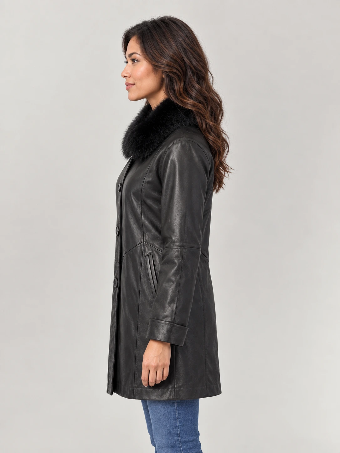 Women's Swing Leather Coat with Real Fox Fur Collar