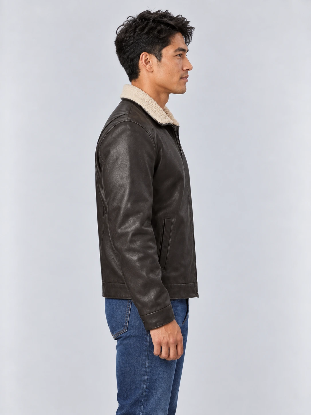 Men's Sheep Skin Leather Bomber Jacket with Shearling Collar