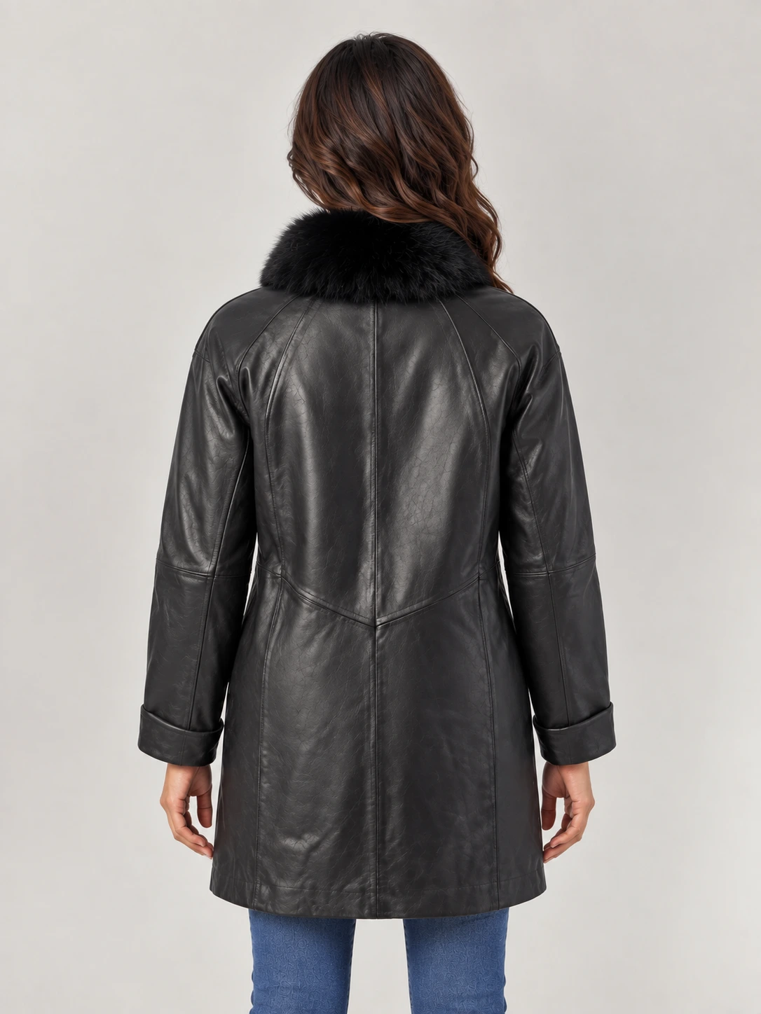 Women's Swing Leather Coat with Real Fox Fur Collar