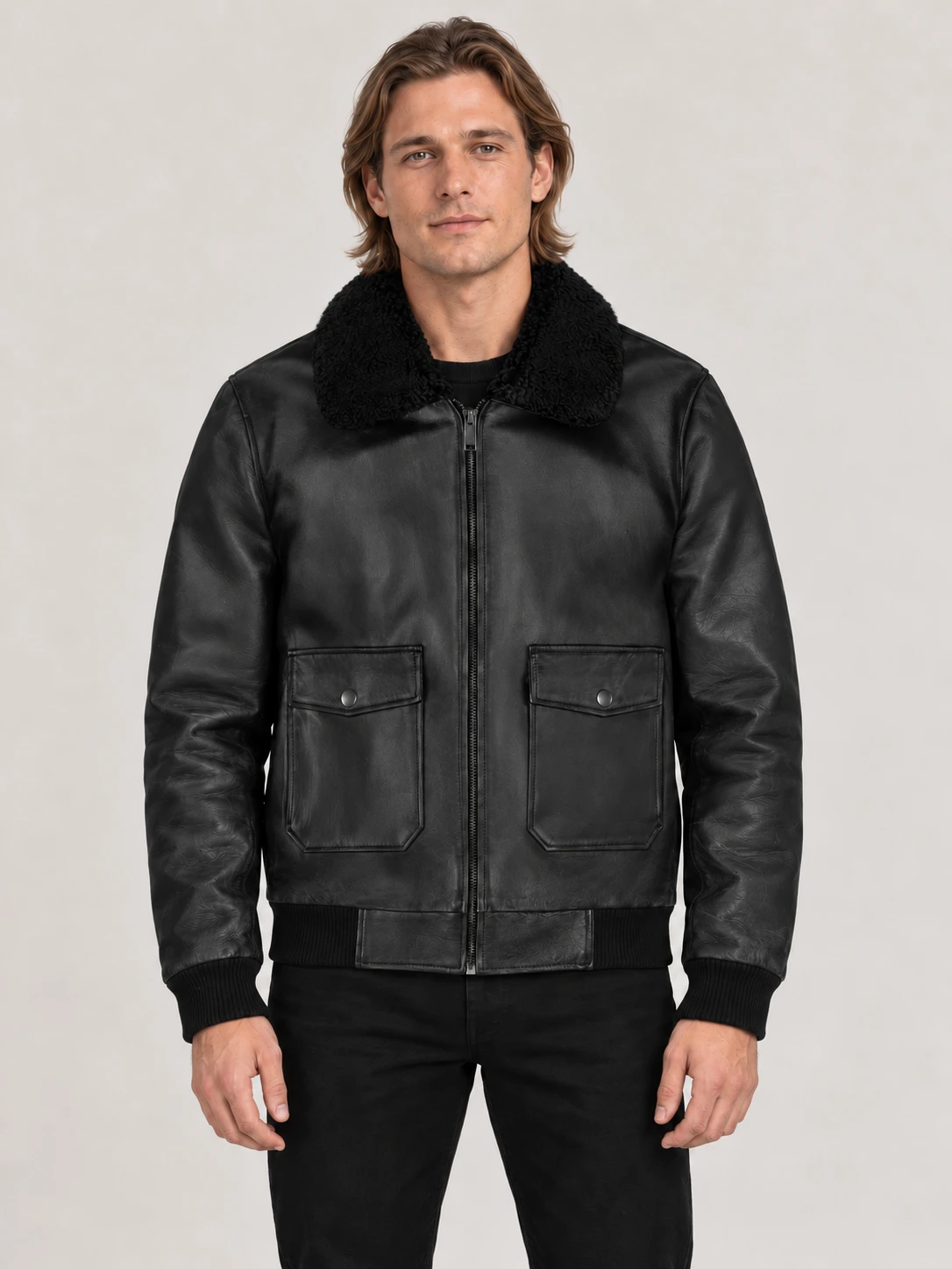 Men's Black Fur Collar Flight Leather Jacket