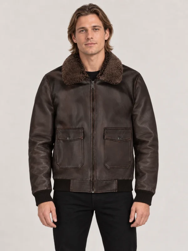 Men's Black Coffee Fur Collar Flight Leather Jacket