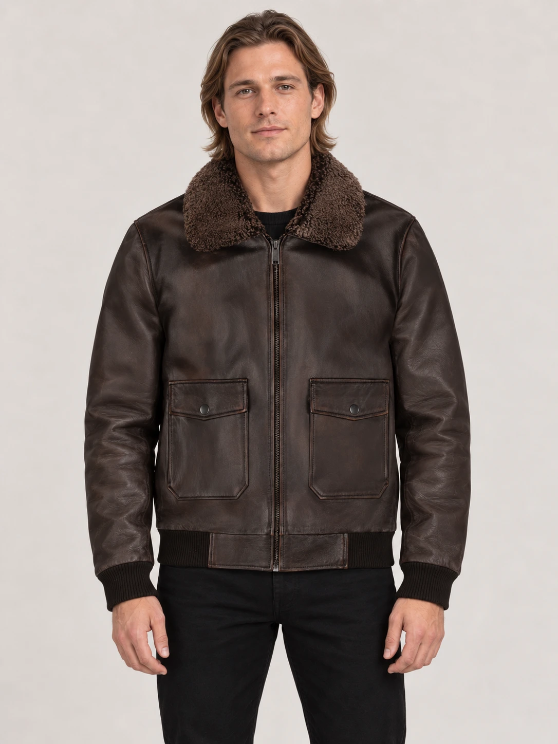 Men's Black Coffee Fur Collar Flight Leather Jacket