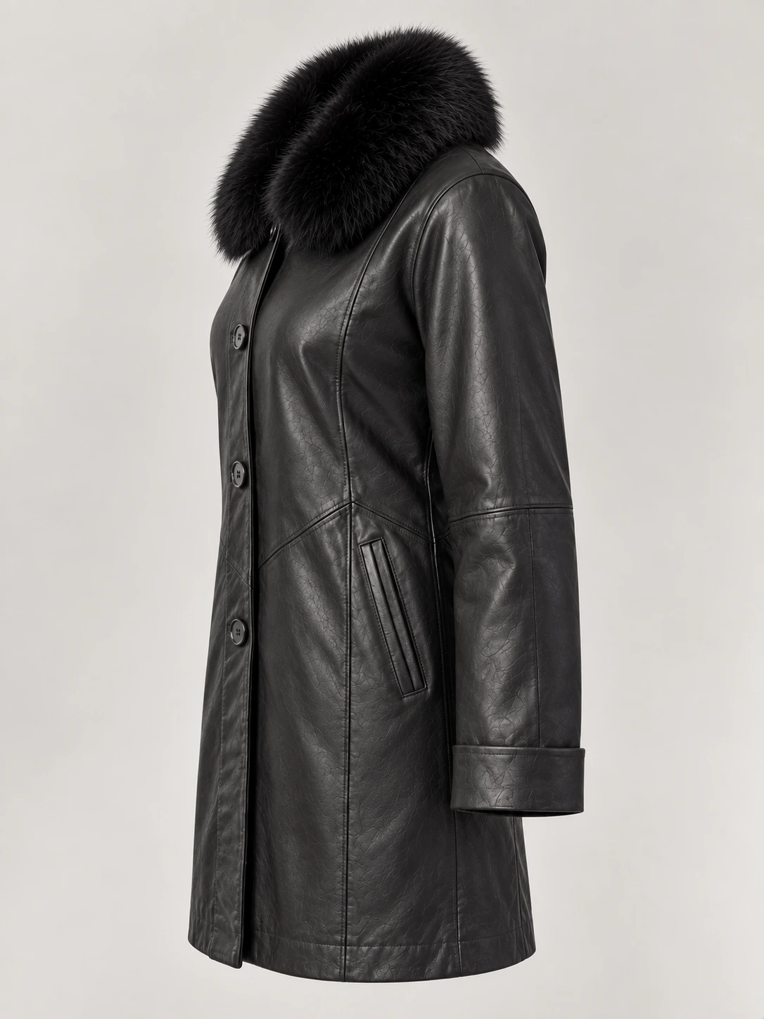 Women's Swing Leather Coat with Real Fox Fur Collar