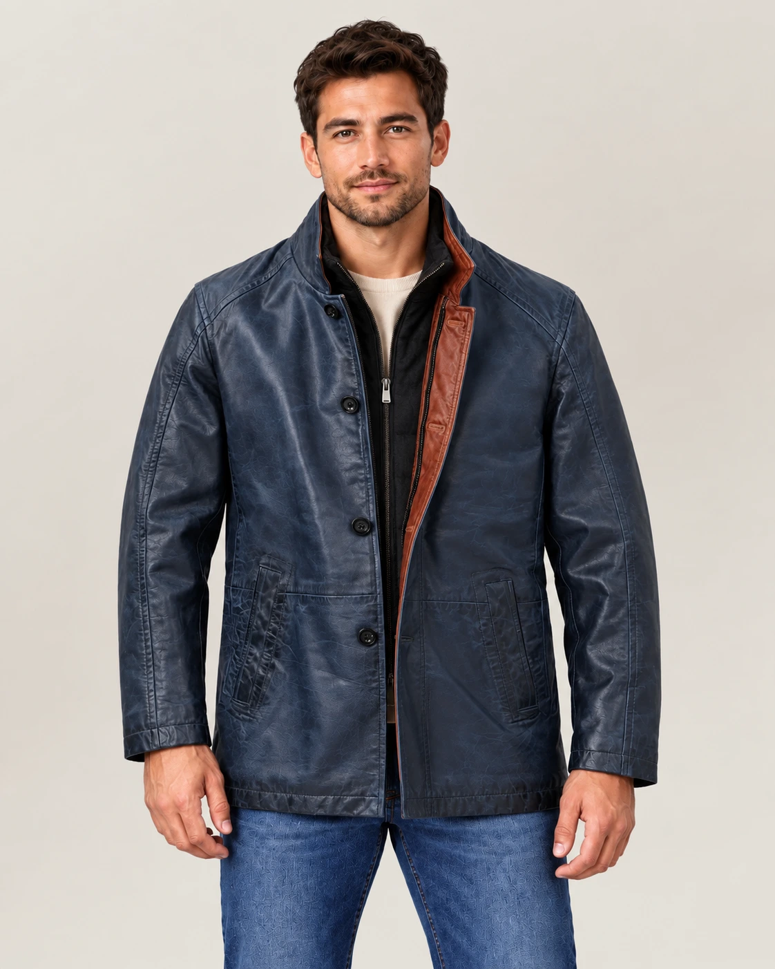 Men's Washed Car Coat with Contrast Placket