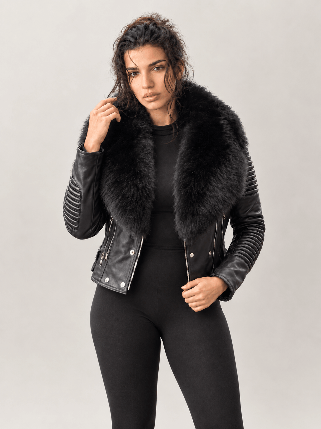 Women's Black Leather Biker Jacket With Fur Trim
