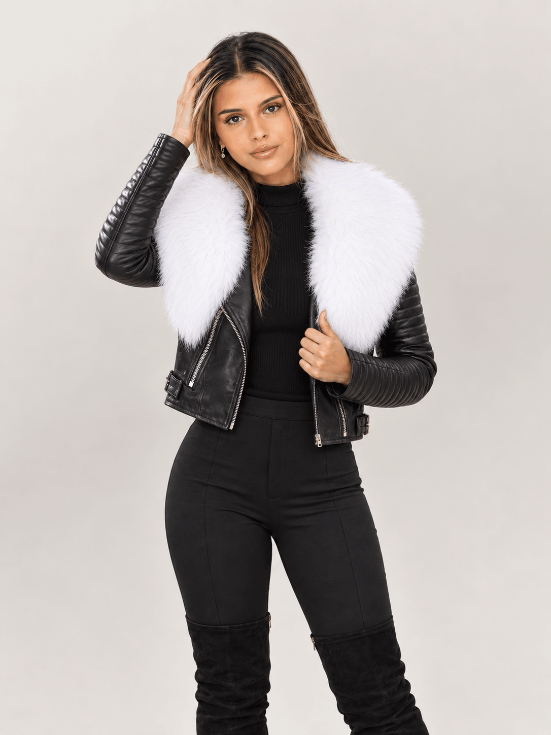 Women's Black Leather Biker Jacket With Fur Collar