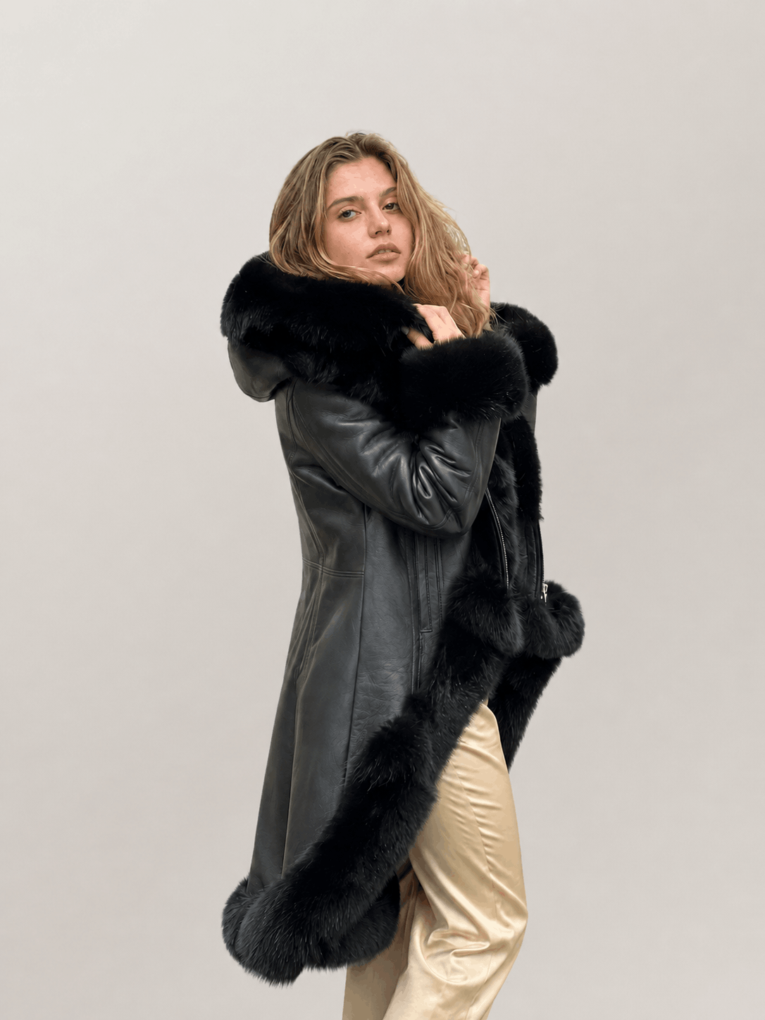 Women's Black Shearling Long Length Leather Coat
