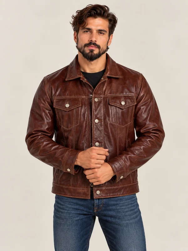 Men's Pinnacle Vintage Trucker Cowhide Leather Jacket