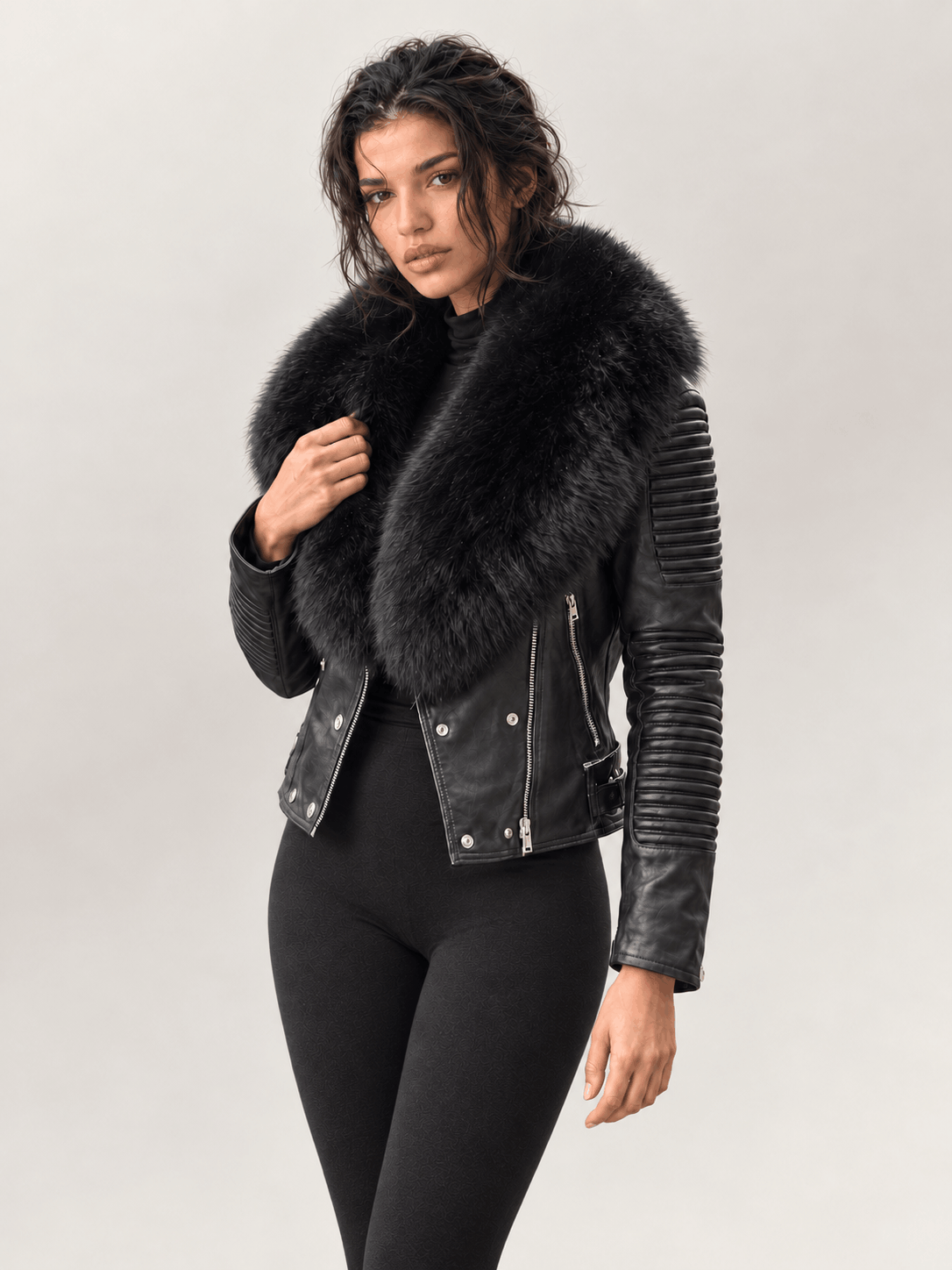 Women's Black Leather Biker Jacket With Fur Trim