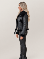 Women's Black Shearling Double Collar Leather Biker Jacket