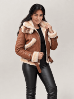 Women's Brown Shearling Cognac Aviator Leather Jacket