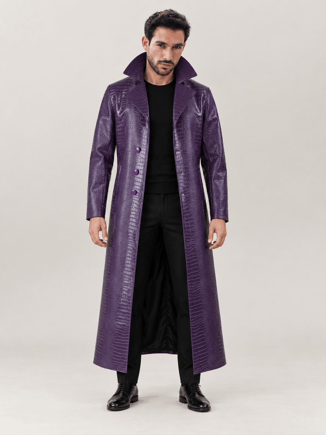 Men's Joker Purple Faux Leather Trench Coat