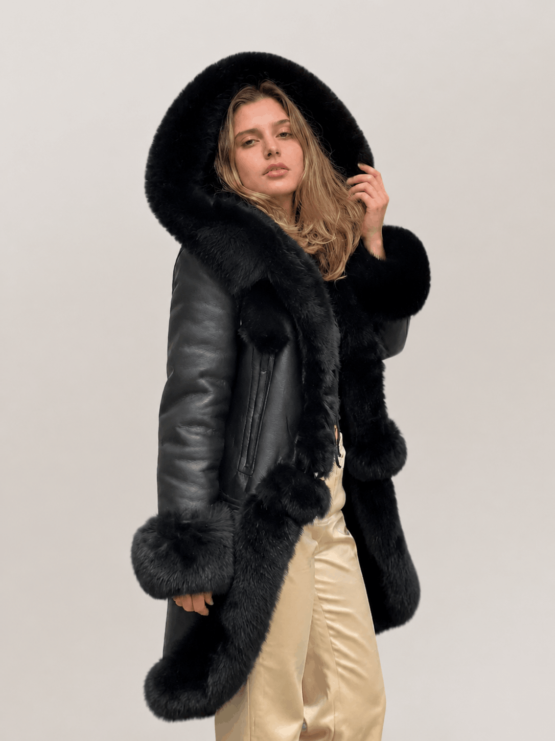 Women's Black Shearling Long Length Leather Coat