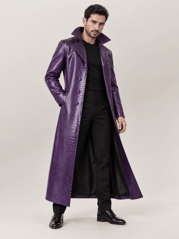 Men's Joker Purple Faux Leather Trench Coat