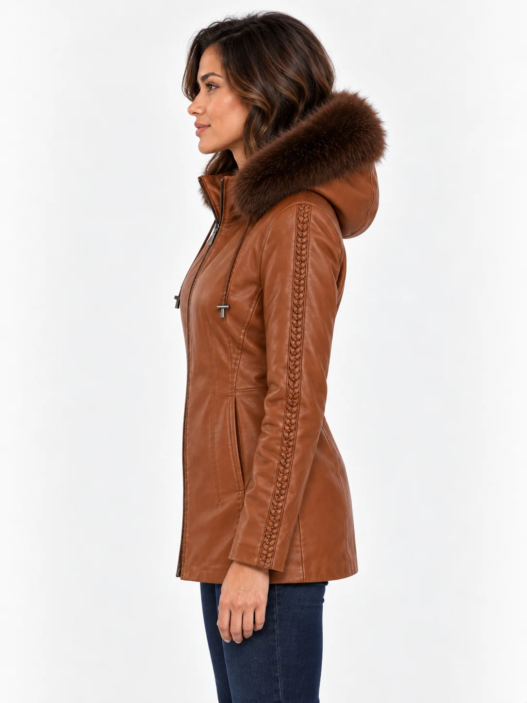 Women's Trimmed Detachable Hood & Braided Leather Jacket