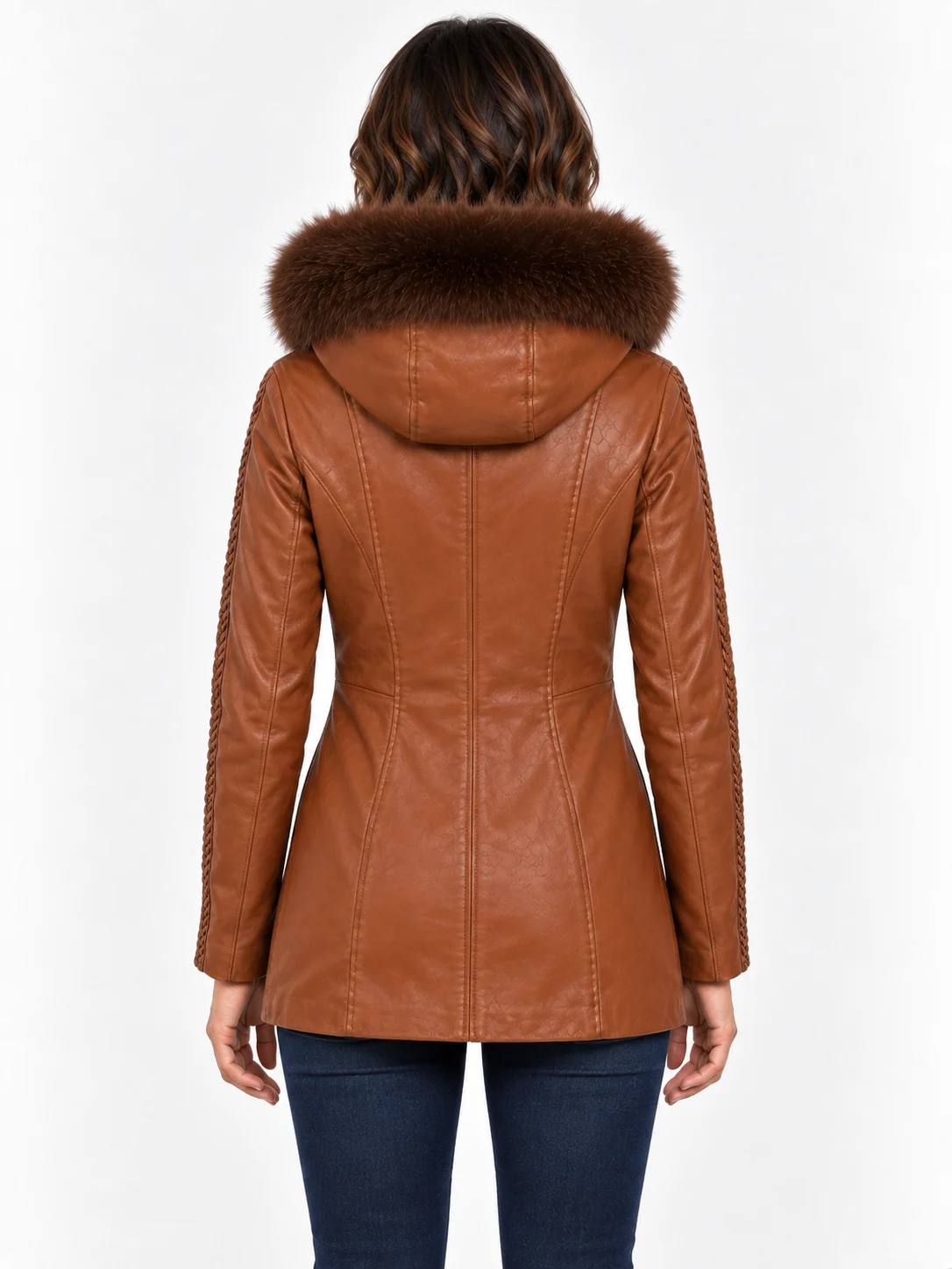 Women's Trimmed Detachable Hood & Braided Leather Jacket