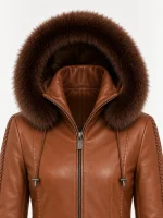 Women's Trimmed Detachable Hood & Braided Leather Jacket