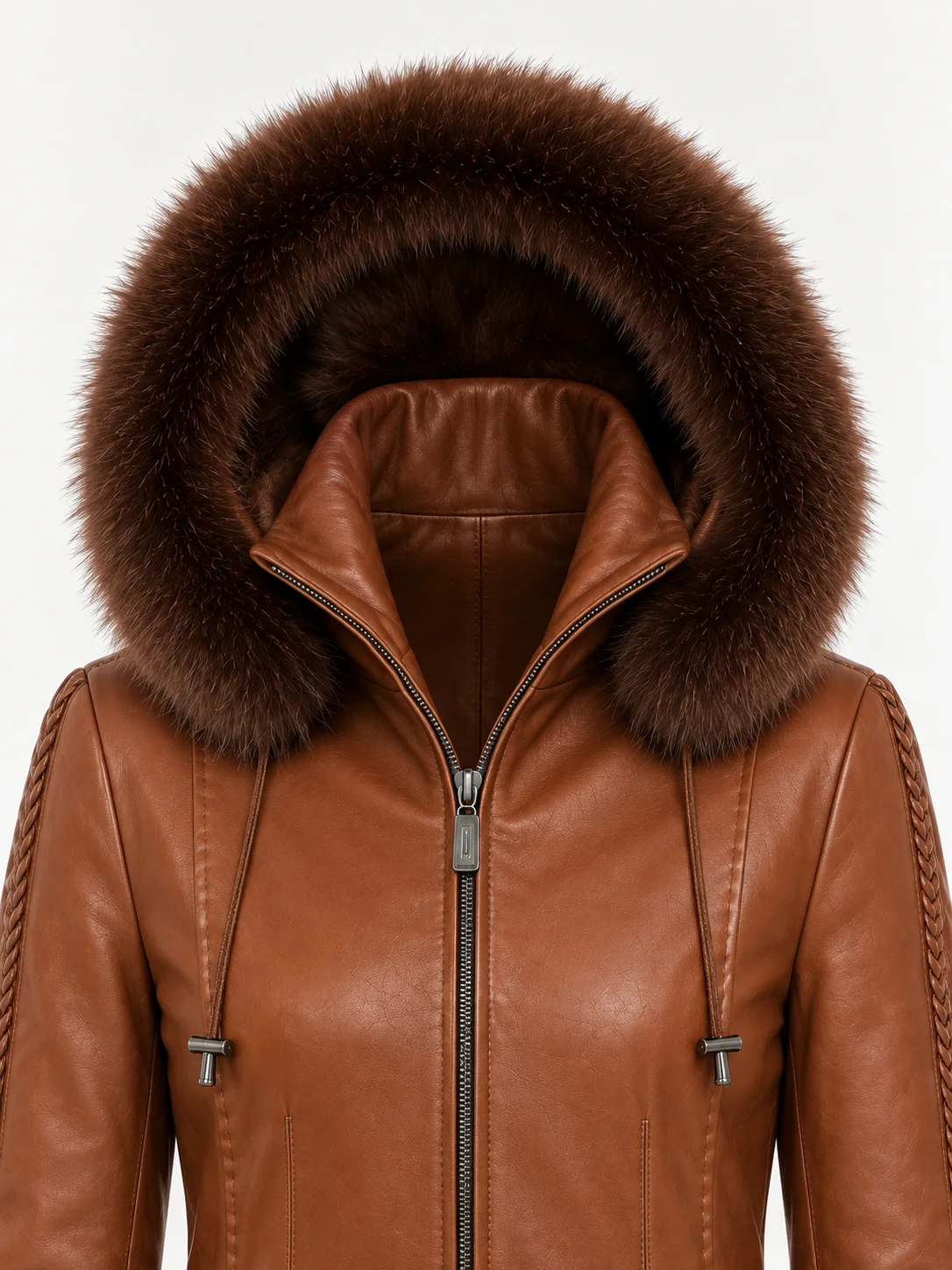 Women's Trimmed Detachable Hood & Braided Leather Jacket