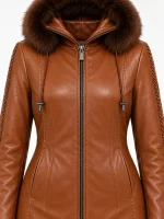 Women's Trimmed Detachable Hood & Braided Leather Jacket