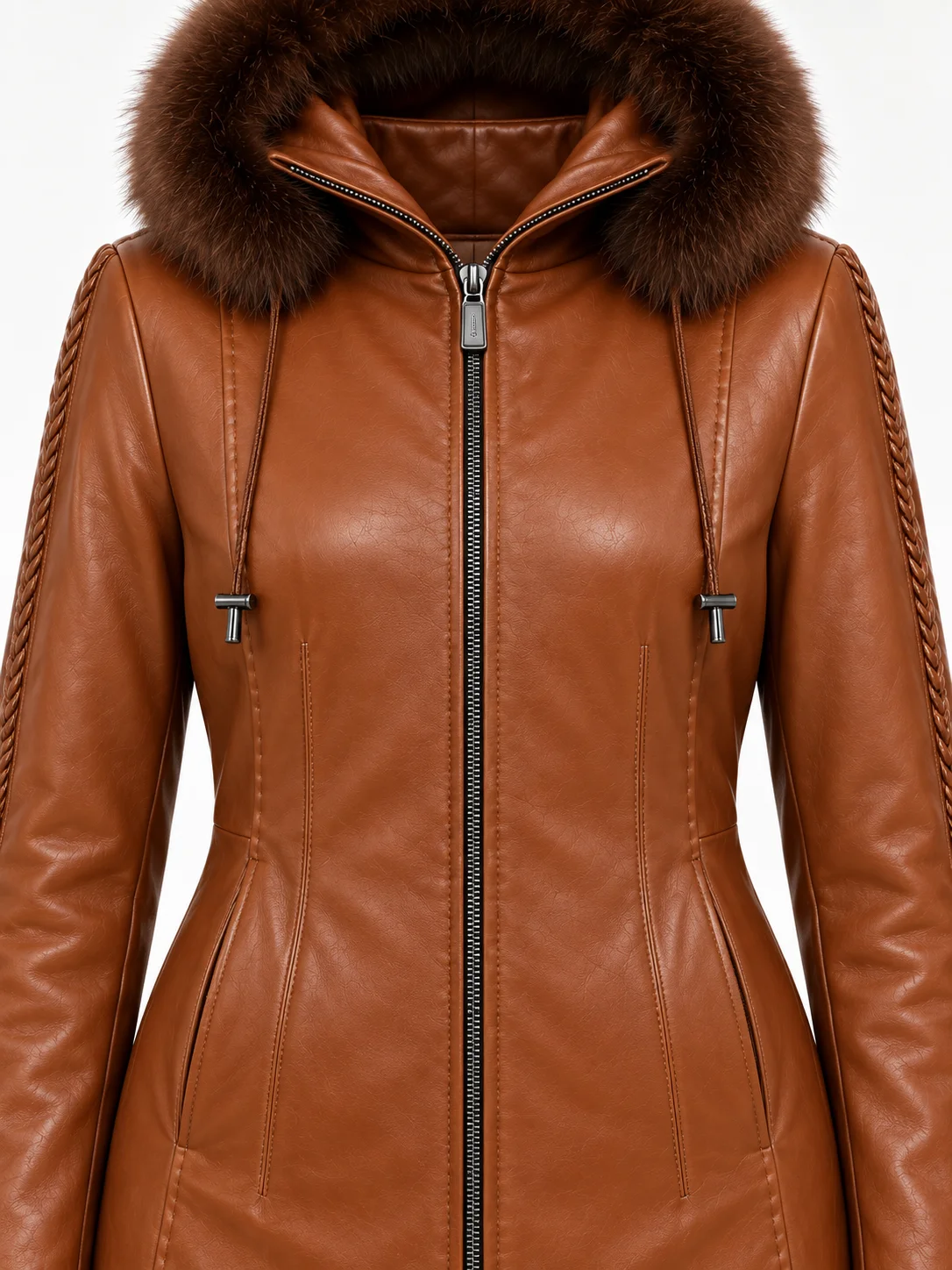 Women's Trimmed Detachable Hood & Braided Leather Jacket