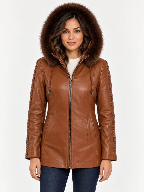 Women's Trimmed Detachable Hood & Braided Leather Jacket