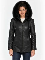 Women's Black Trimmed Detachable Hood & Braided Leather Jacket