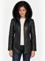 Women's Black Trimmed Detachable Hood & Braided Leather Jacket