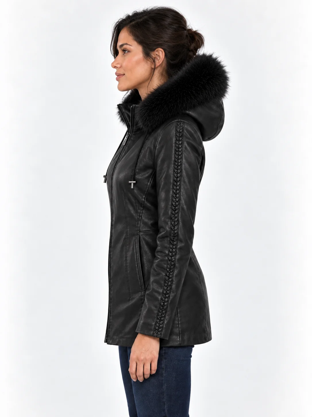 Women's Black Trimmed Detachable Hood & Braided Leather Jacket