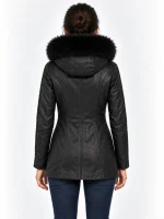 Women's Black Trimmed Detachable Hood & Braided Leather Jacket