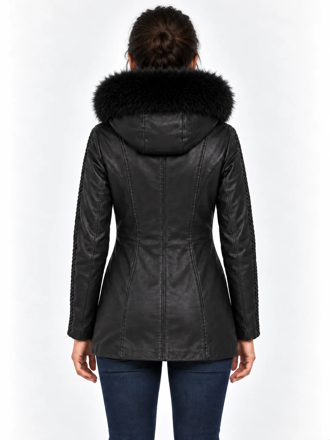 Women's Black Trimmed Detachable Hood & Braided Leather Jacket