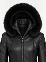 Women's Black Trimmed Detachable Hood & Braided Leather Jacket