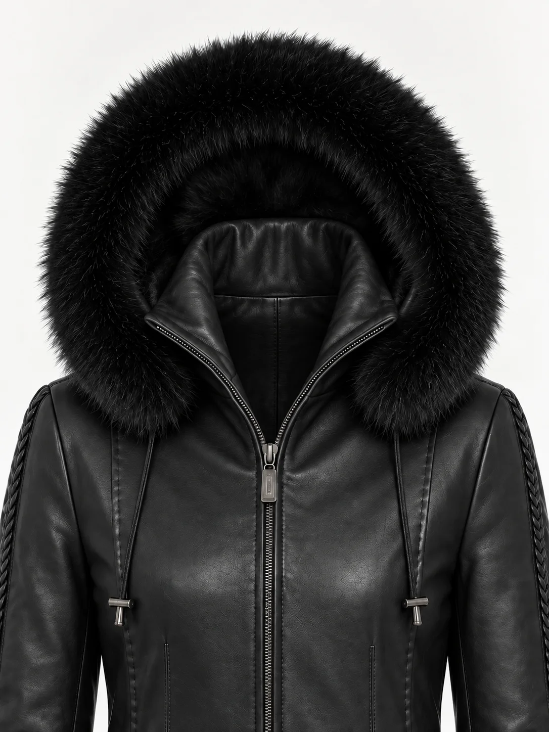 Women's Black Trimmed Detachable Hood & Braided Leather Jacket