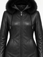 Women's Black Trimmed Detachable Hood & Braided Leather Jacket