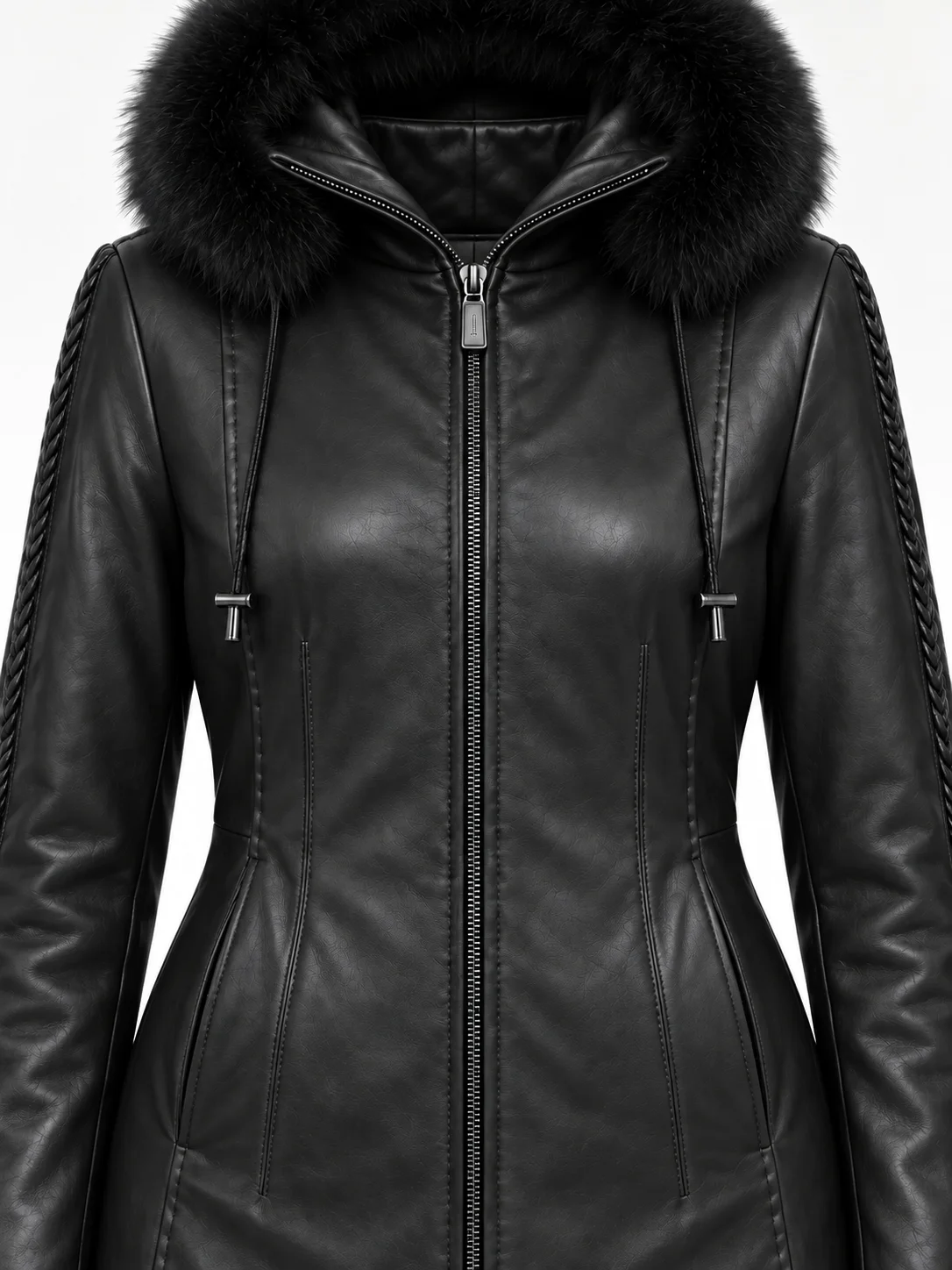 Women's Black Trimmed Detachable Hood & Braided Leather Jacket
